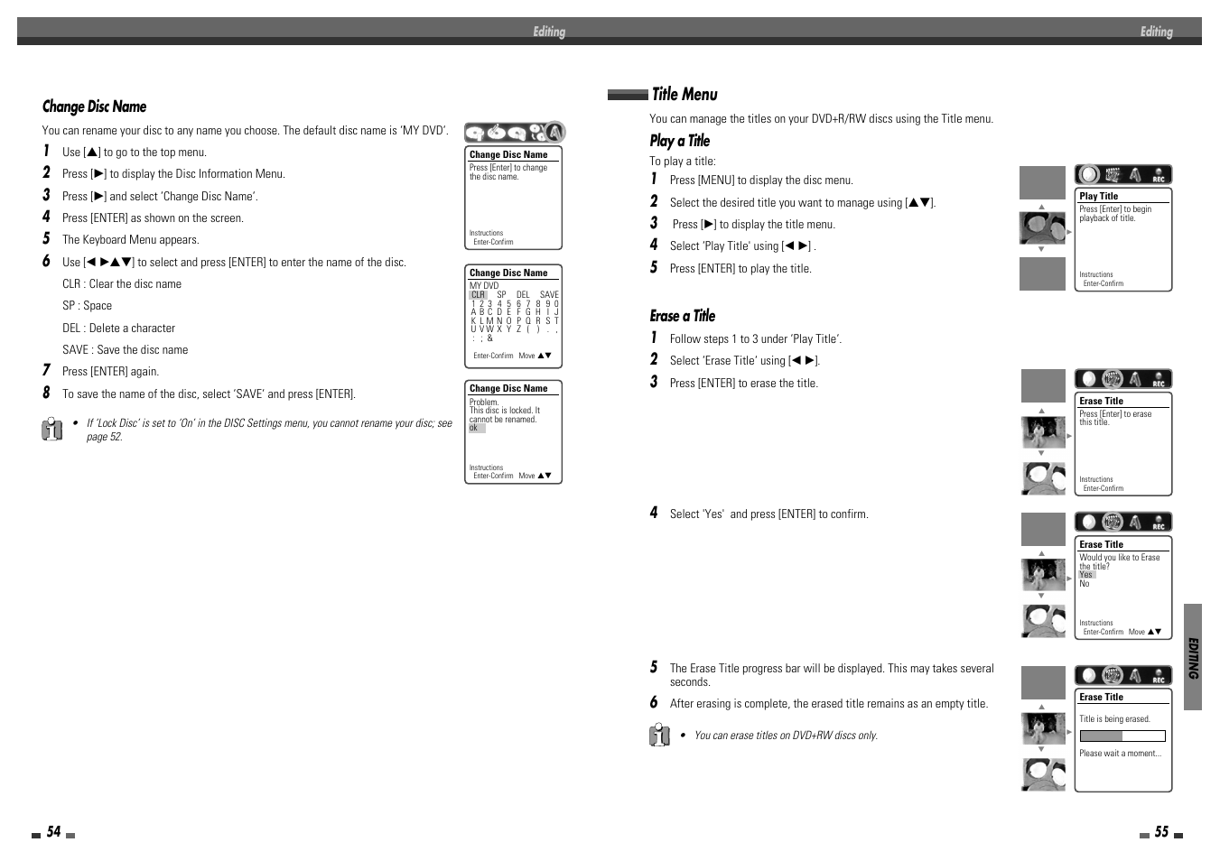 Title menu, Play a title, Erase a title 1 | Change disc name | Daewoo DF-8100 User Manual | Page 29 / 35