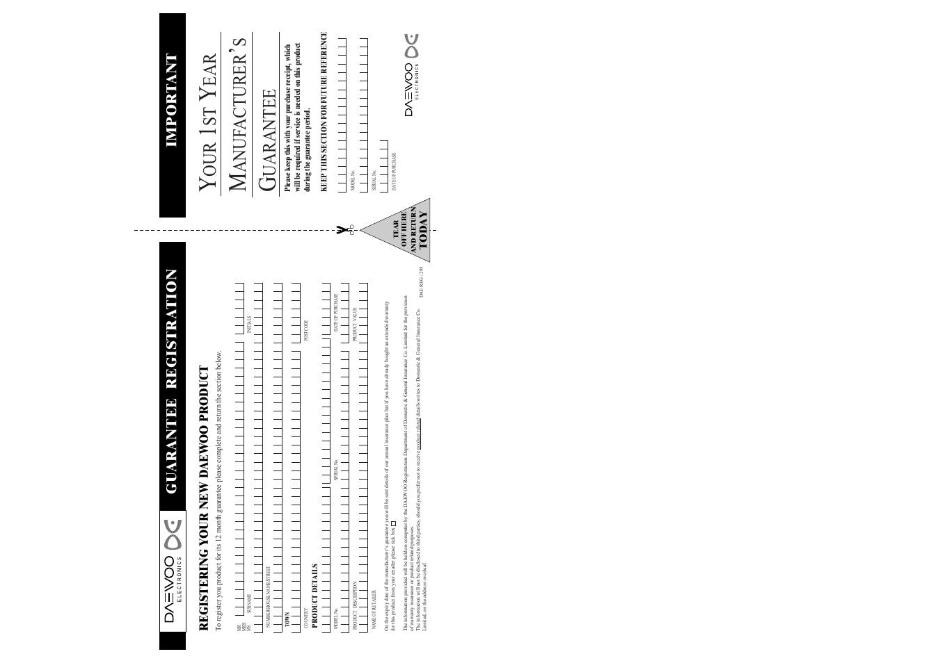 Anuf acturer, Uarantee, Gu arantee registra tion impor t ant | Daewoo DF-8100 User Manual | Page 34 / 35