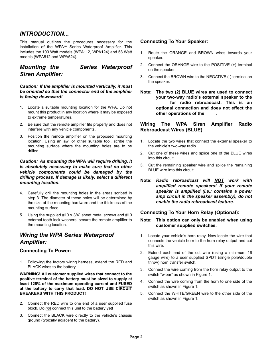 Introduction, Mounting the wpa series waterproof siren amplifier, Wiring the wpa series waterproof amplifier | Whelen WPA112 User Manual | Page 2 / 4