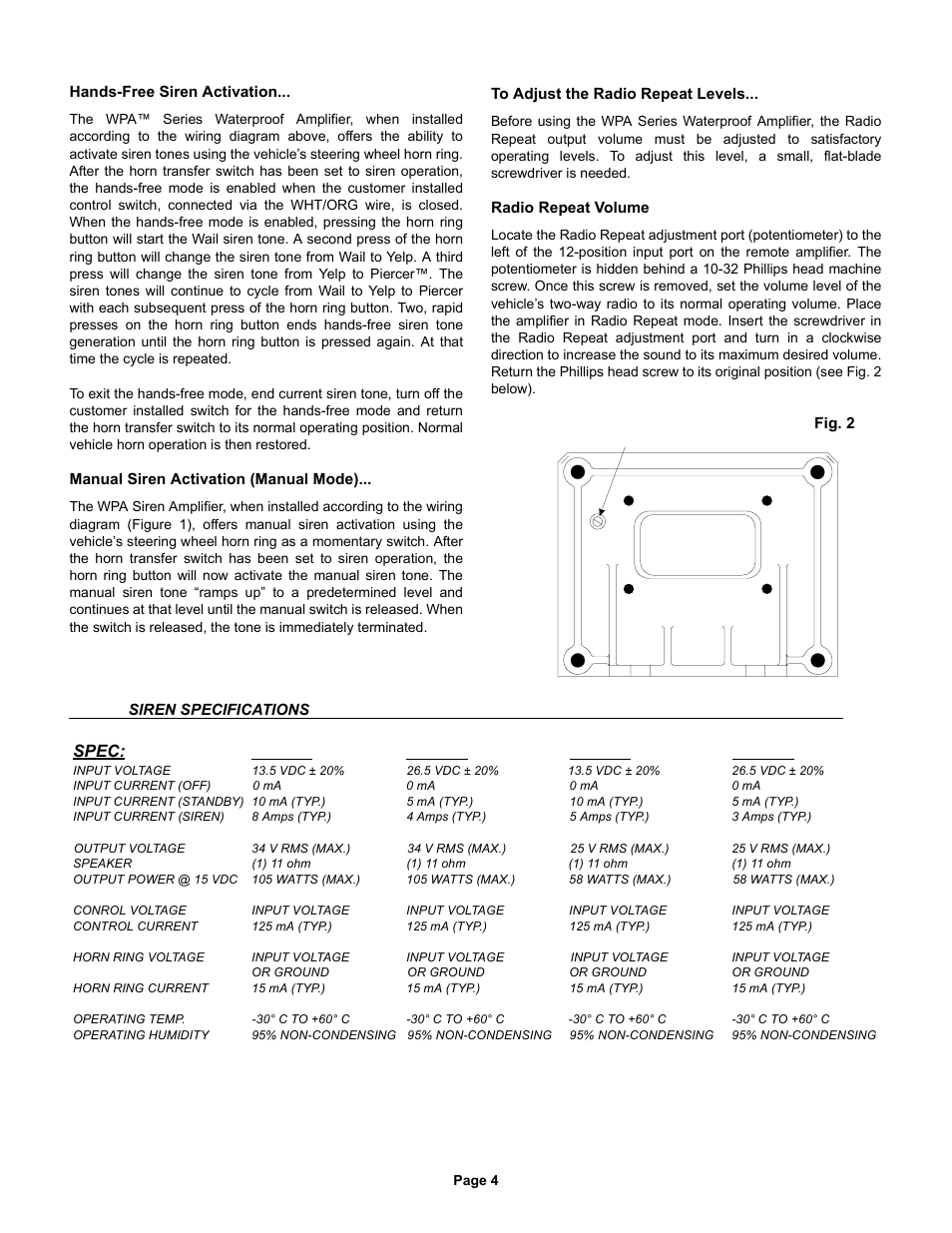 Spec: wpa112, Wpa124, Wpa512 | Wpa524 | Whelen WPA112 User Manual | Page 4 / 4