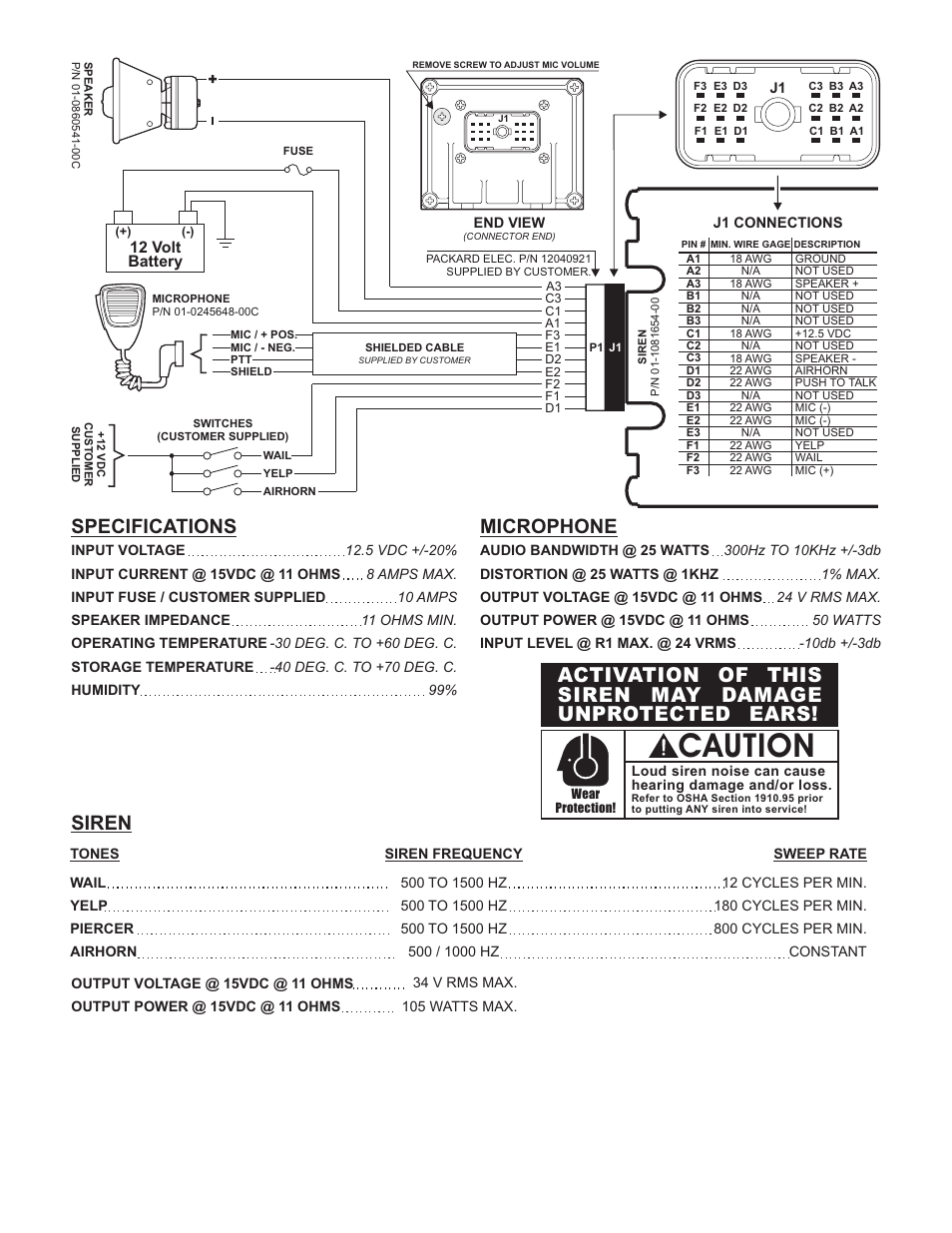 Caution, Specifications, Siren | Microphone | Whelen WS321 User Manual | Page 2 / 2