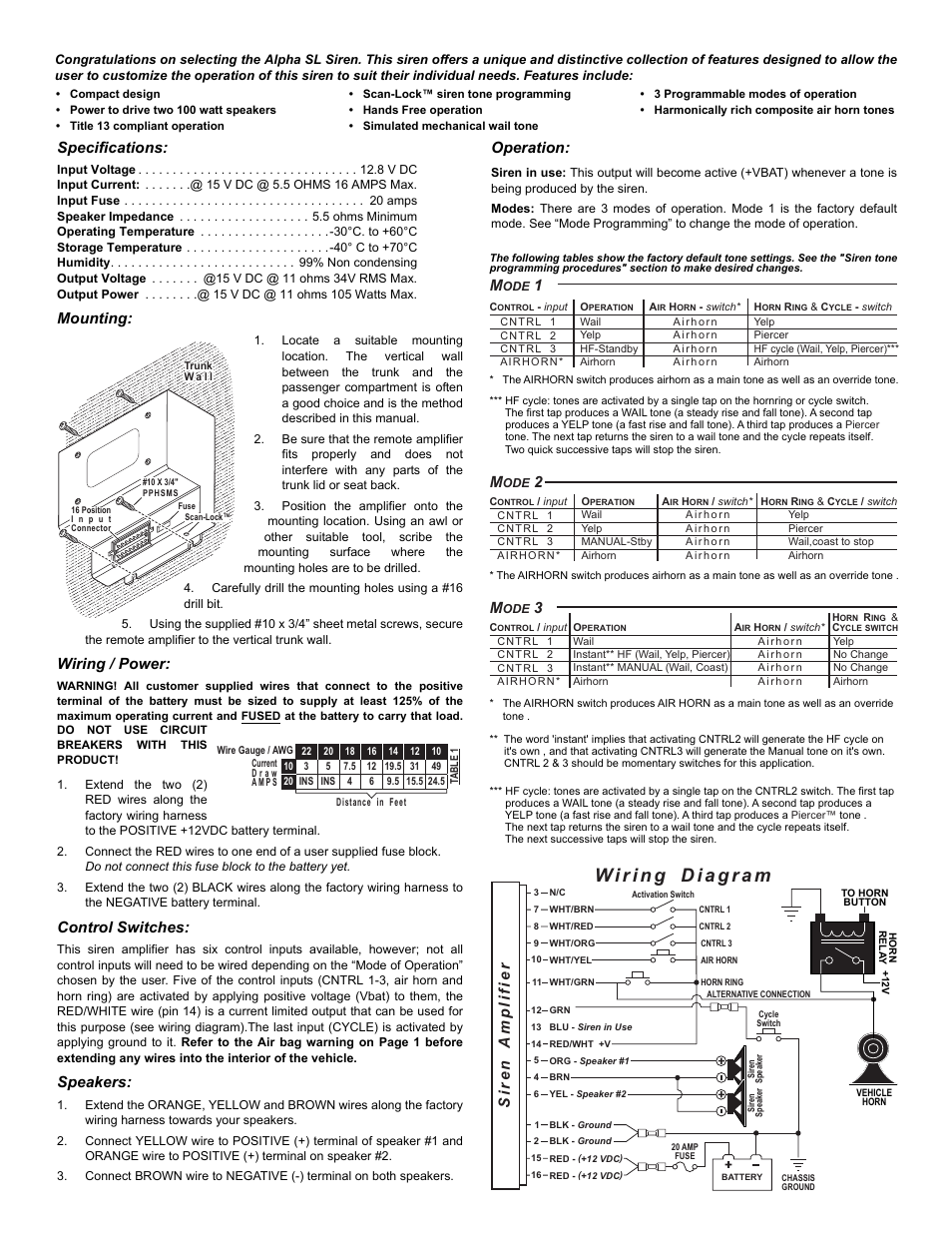 Specifications, Mounting, Wiring / power | Control switches, Speakers, Operation, Siren amplifier, Page 2 | Whelen ALPHASL User Manual | Page 2 / 3