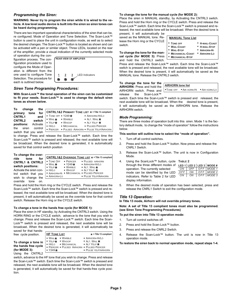 Programming the siren, Siren tone programing procedures, Title 13 operation | Page 3, Mode programming | Whelen ALPHASL User Manual | Page 3 / 3