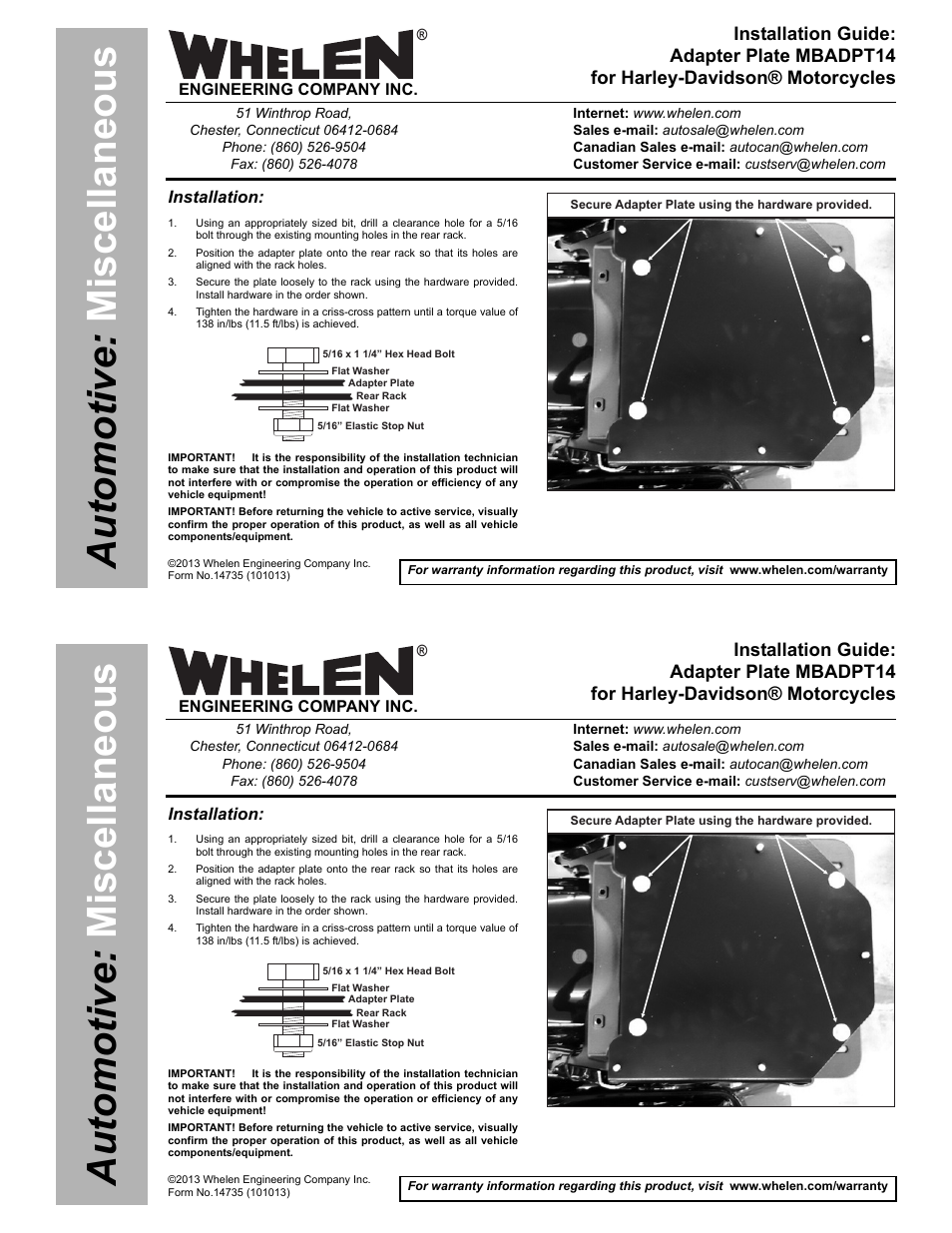 Whelen MBADPT14 User Manual | 1 page