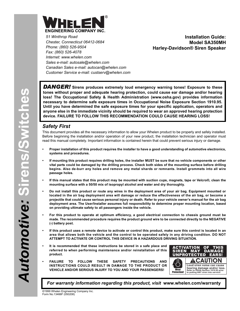 Whelen SA350MH User Manual | 2 pages