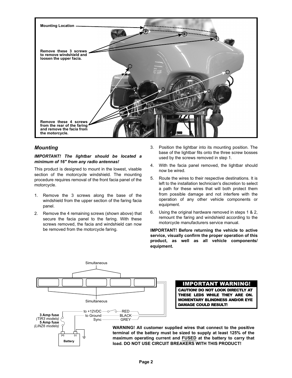 Important warning, Mounting | Whelen M04ZB User Manual | Page 2 / 2