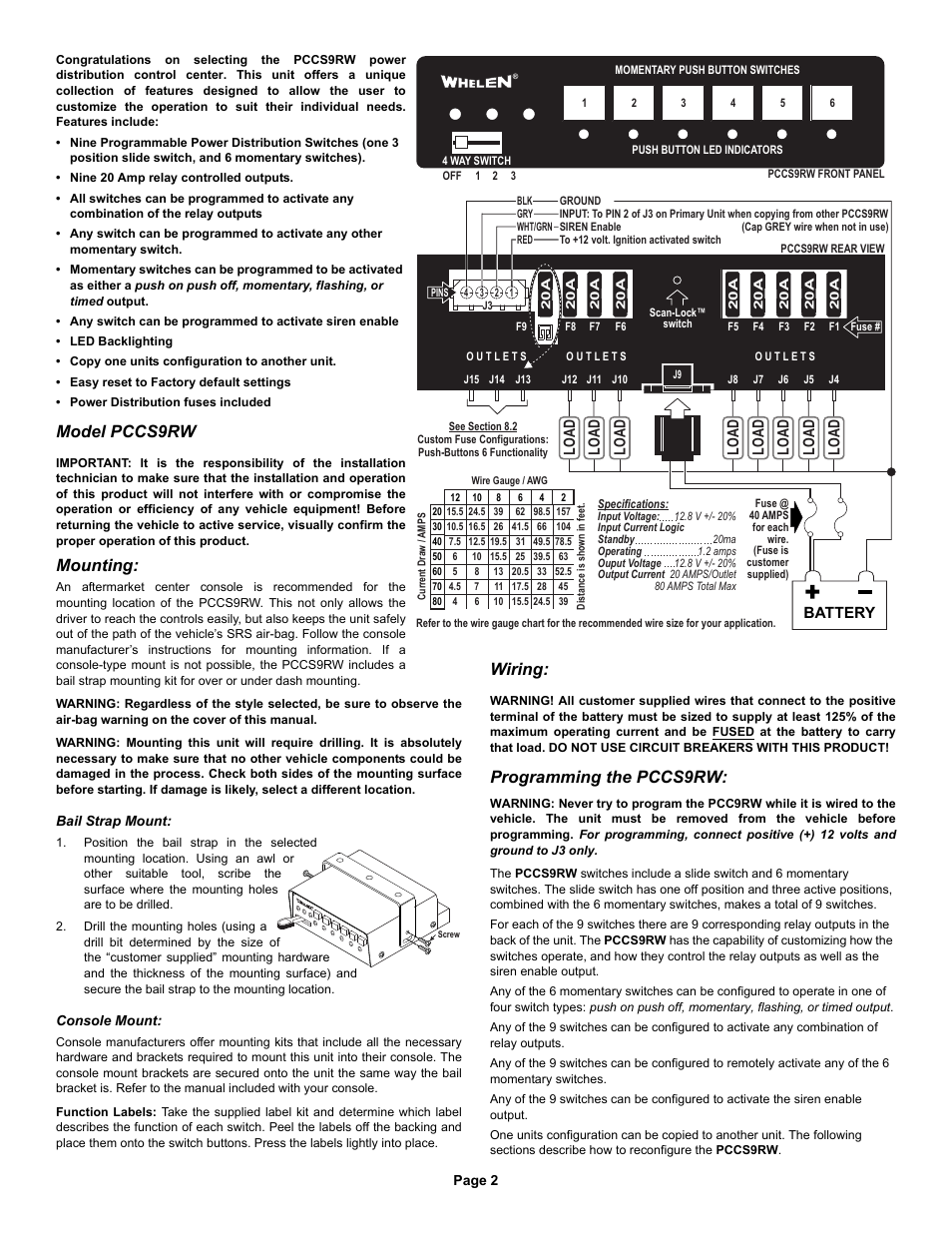 Model pccs9rw, Mounting, Wiring | Programming the pccs9rw, Load, Battery | Whelen PCCS9RW User Manual | Page 2 / 5