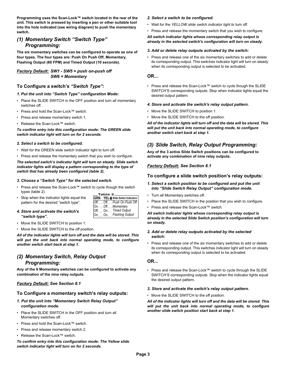 1) momentary switch “switch type” programming, 2) momentary switch, relay output programming, 3) slide switch, relay output programming | Whelen PCCS9RW User Manual | Page 3 / 5