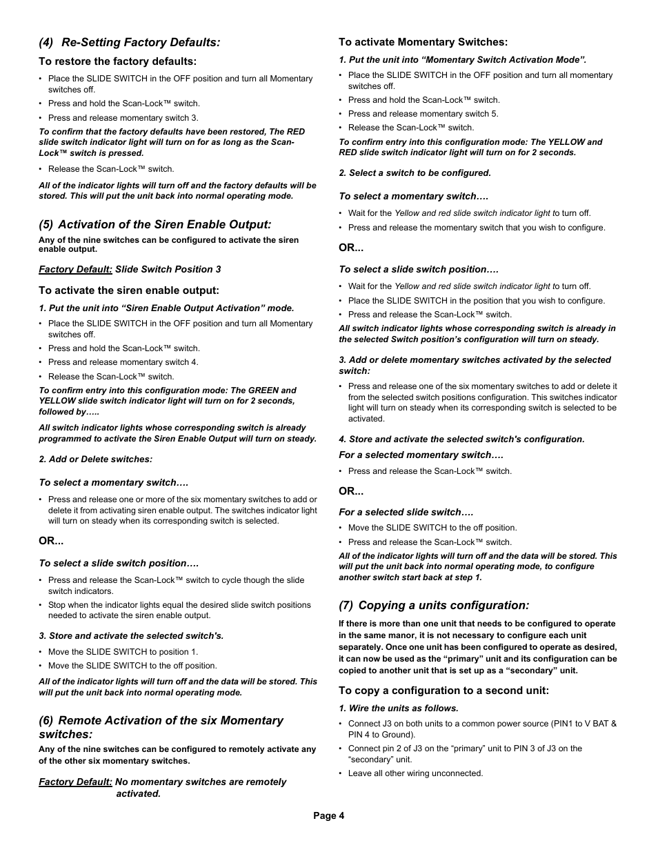 4) re-setting factory defaults, 5) activation of the siren enable output, 6) remote activation of the six momentary switches | 7) copying a units configuration | Whelen PCCS9RW User Manual | Page 4 / 5