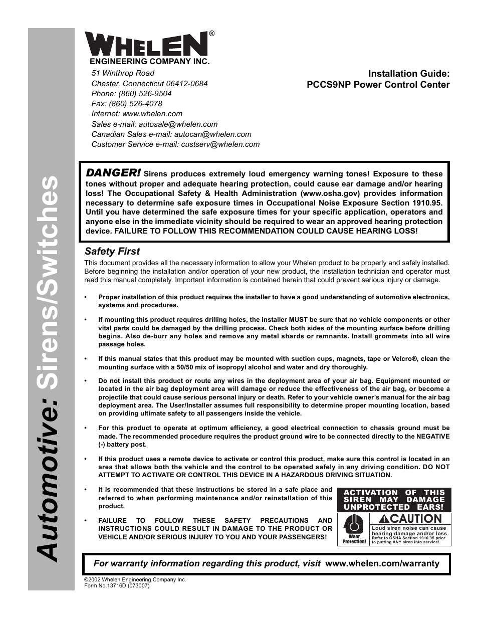 Whelen PCCS9NP User Manual | 4 pages