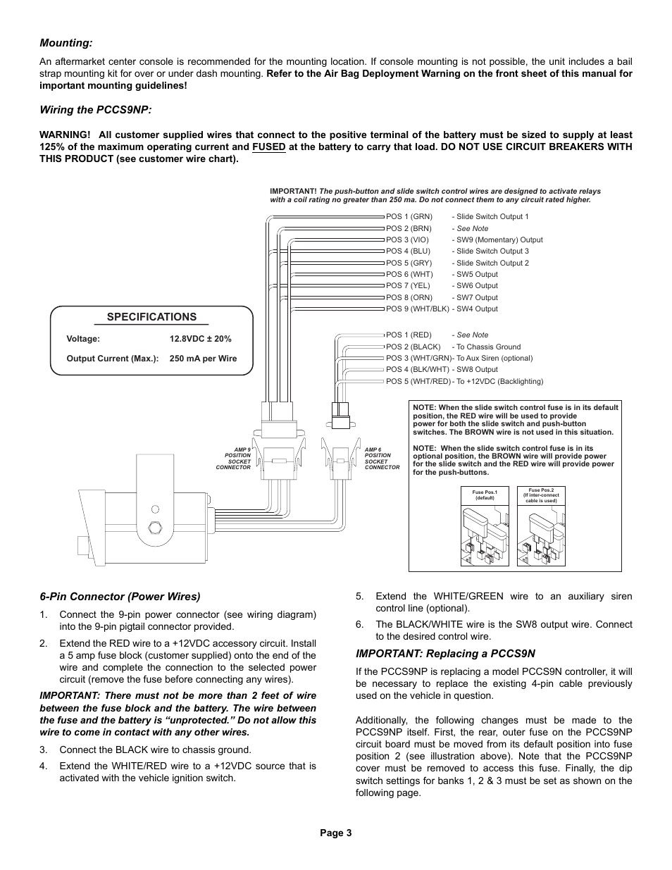 Specifications, Mounting, Wiring the pccs9np | Pin connector (power wires), Important: replacing a pccs9n | Whelen PCCS9NP User Manual | Page 3 / 4