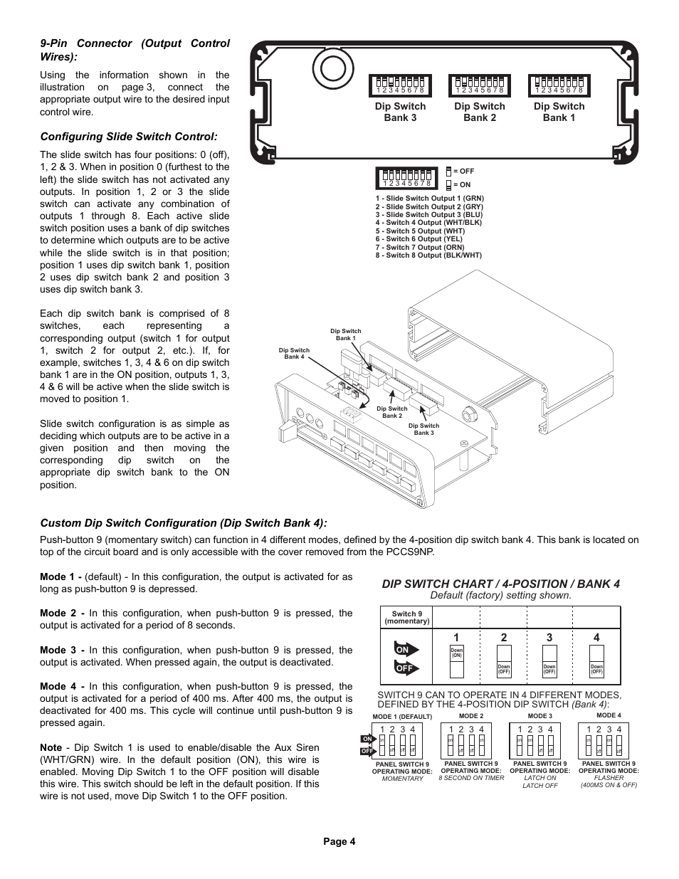 Dip switch chart / 4-position / bank 4, Pin connector (output control wires), Configuring slide switch control | Page 4, Default (factory) setting shown | Whelen PCCS9NP User Manual | Page 4 / 4