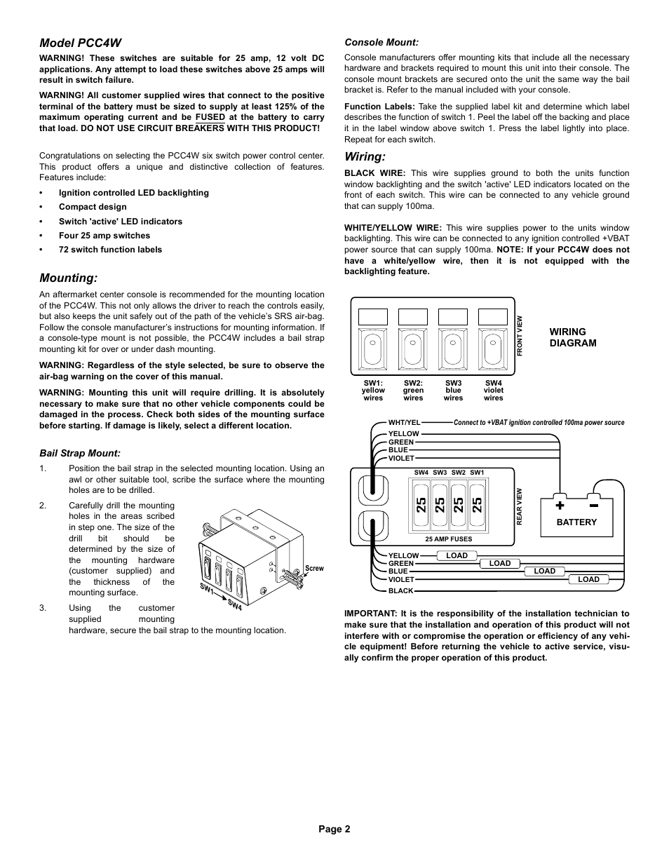 Model pcc4w, Mounting, Wiring | Whelen PCC4W User Manual | Page 2 / 2