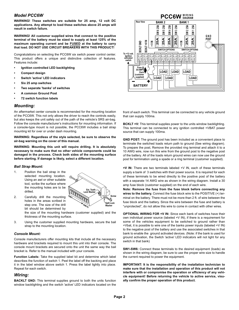 Pcc6w, Model pcc6w, Mounting | Wiring | Whelen PCC6W User Manual | Page 2 / 2