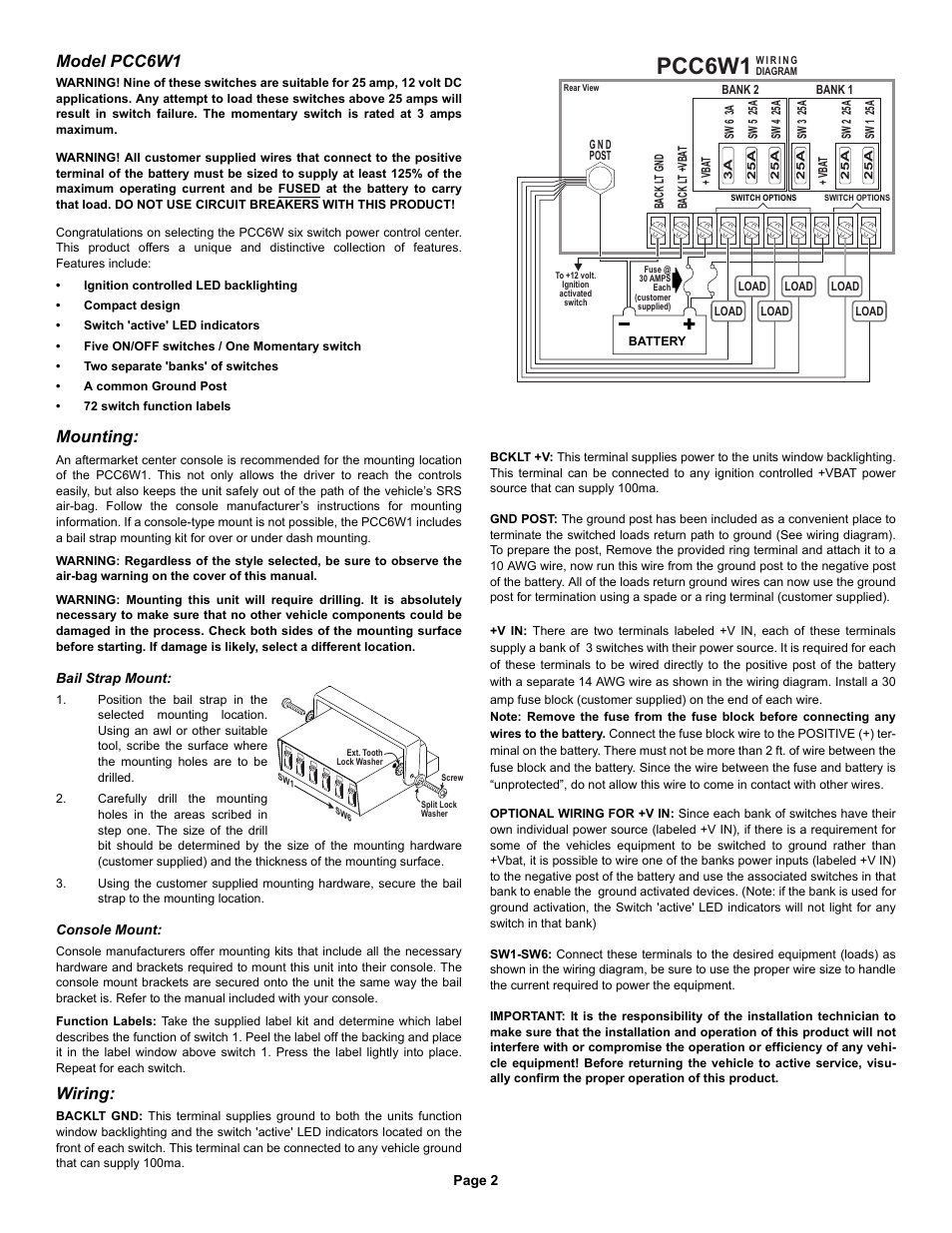 Pcc6w1, Model pcc6w1, Mounting | Wiring | Whelen PCC6W1 User Manual | Page 2 / 2