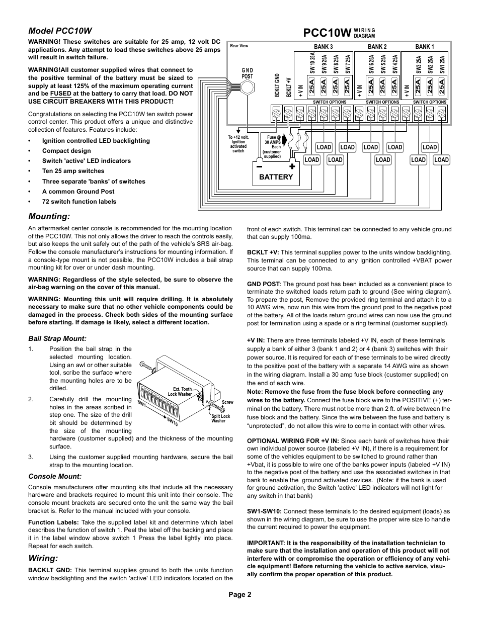 Pcc10w, Model pcc10w, Mounting | Wiring | Whelen PCC10W User Manual | Page 2 / 2