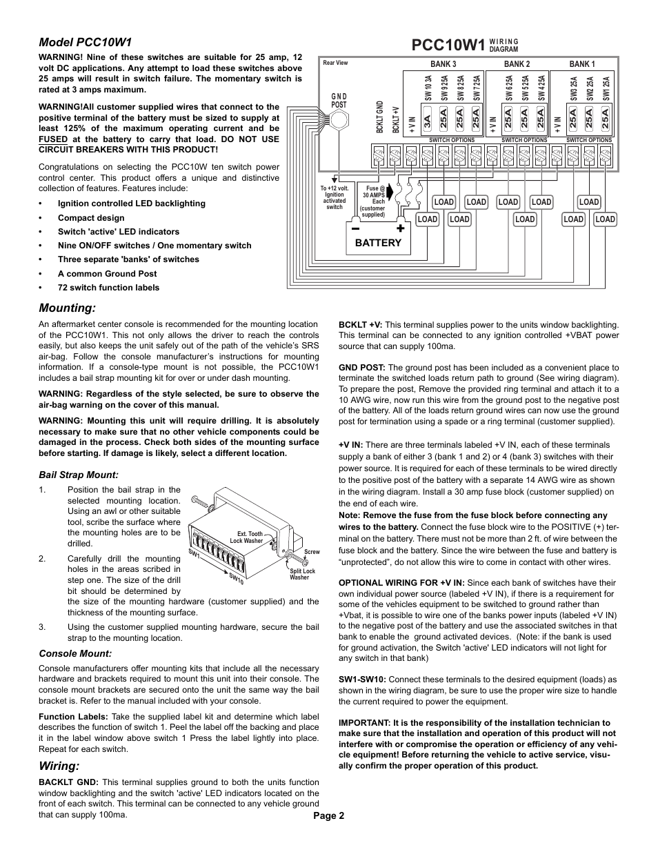 Pcc10w1, Model pcc10w1, Mounting | Wiring | Whelen PCC10W1 User Manual | Page 2 / 2