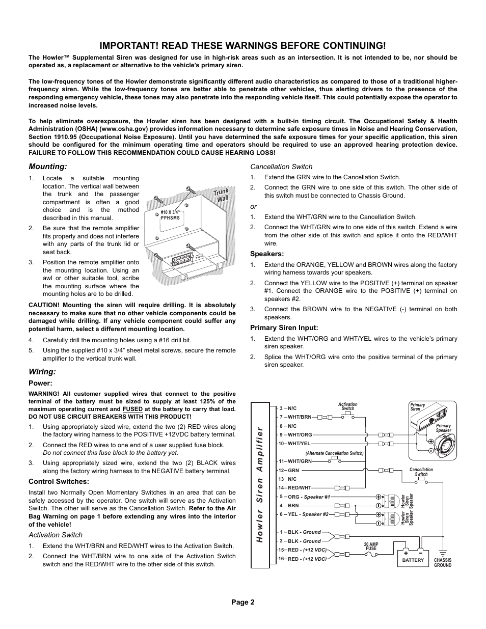 Important! read these warnings before continuing, Howler s iren amplifier, Mounting | Wiring | Whelen HWLCC11 User Manual | Page 2 / 3