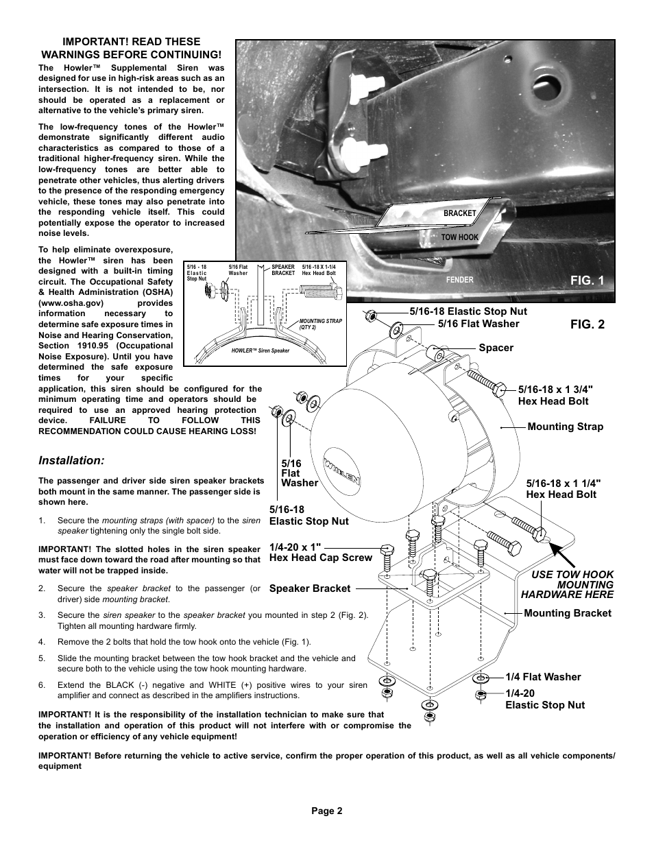 Fig. 2, Fig. 1, Installation | Whelen HWLRB2 User Manual | Page 2 / 2