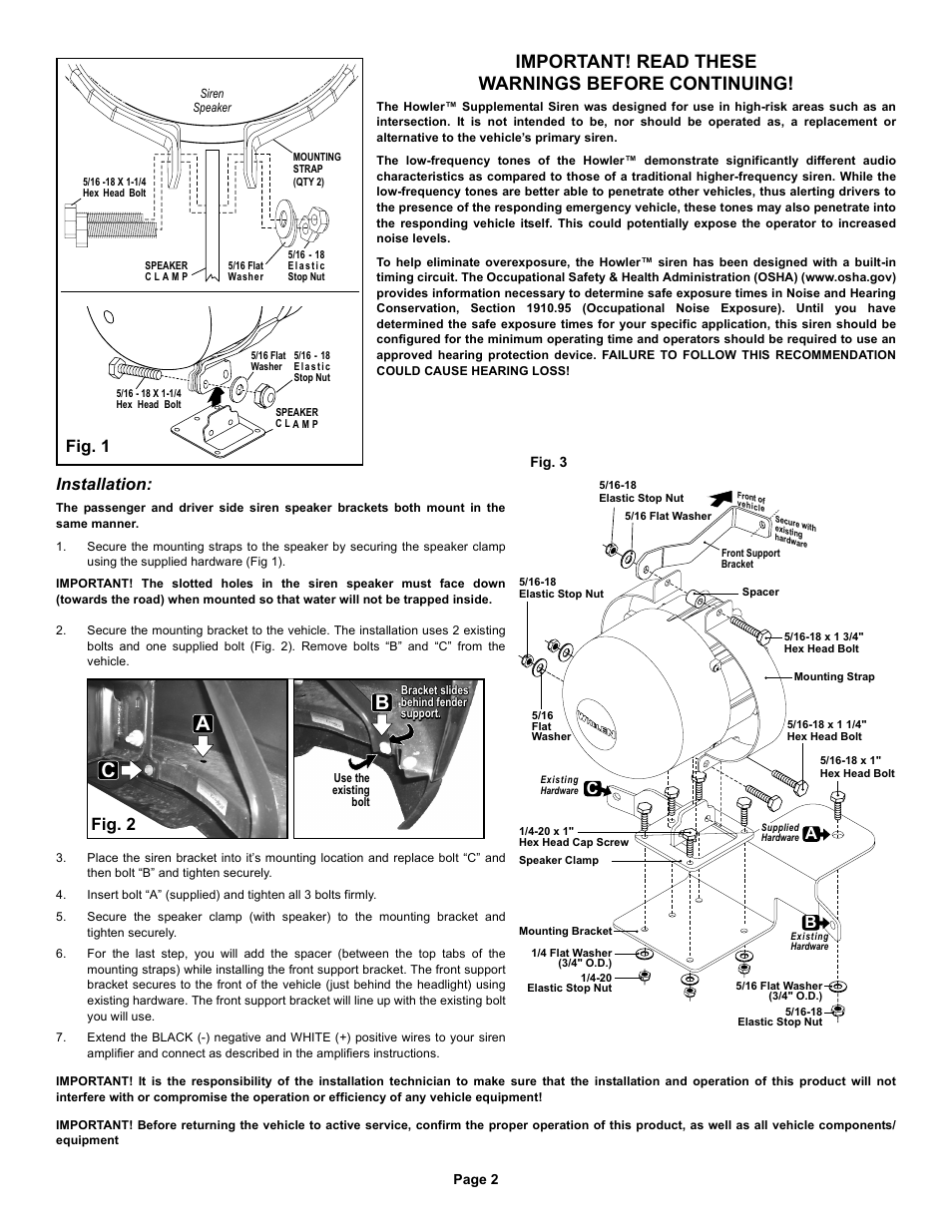 Important! read these warnings before continuing, Fig. 1, Fig. 2 | Installation, Ca b | Whelen HWLRB4 User Manual | Page 2 / 2