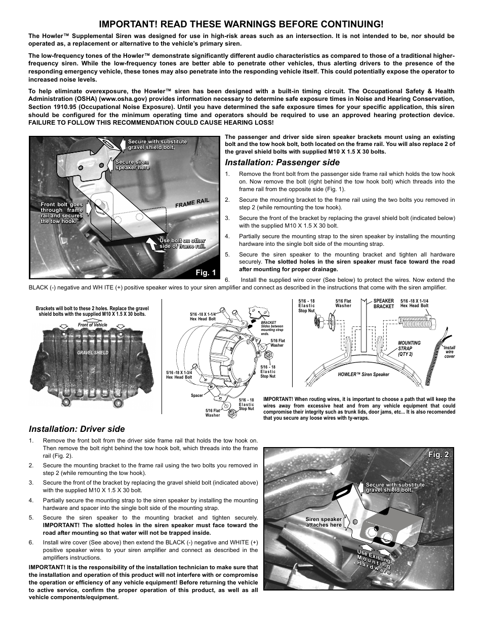 Important! read these warnings before continuing, Installation: passenger side, Installation: driver side | Fig. 1, Fig. 2, Page 2 | Whelen HWLRB5 User Manual | Page 2 / 2