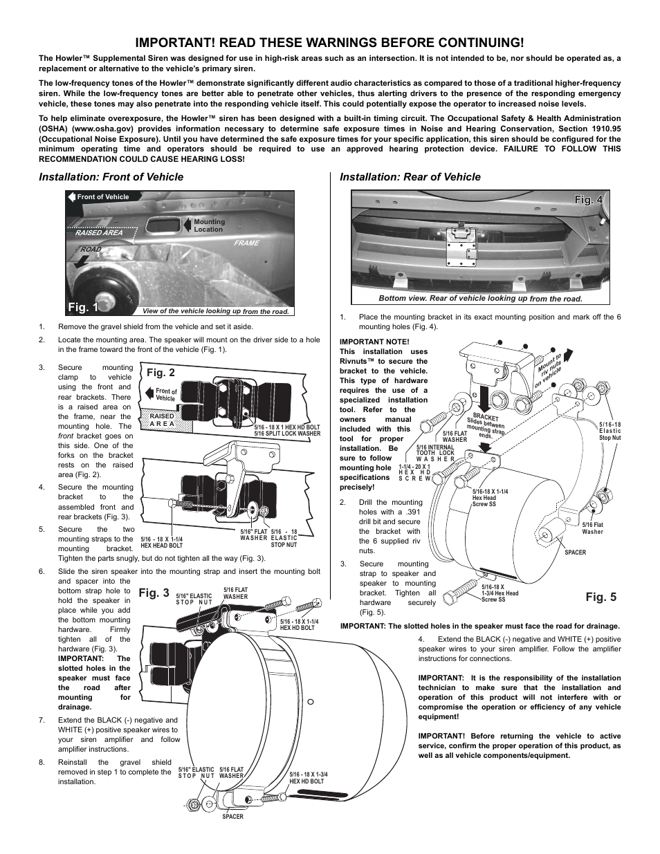 Important! read these warnings before continuing, Fig. 3 fig. 5, Fig. 1 | Fig. 2, Fig. 4, Installation: front of vehicle, Installation: rear of vehicle, Page 2 | Whelen HWLRB7 User Manual | Page 2 / 2