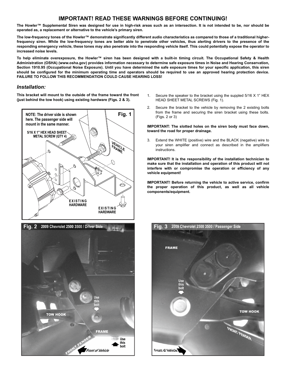 Important! read these warnings before continuing, Installation, Fig. 1 | Whelen HWLRB9 User Manual | Page 2 / 2