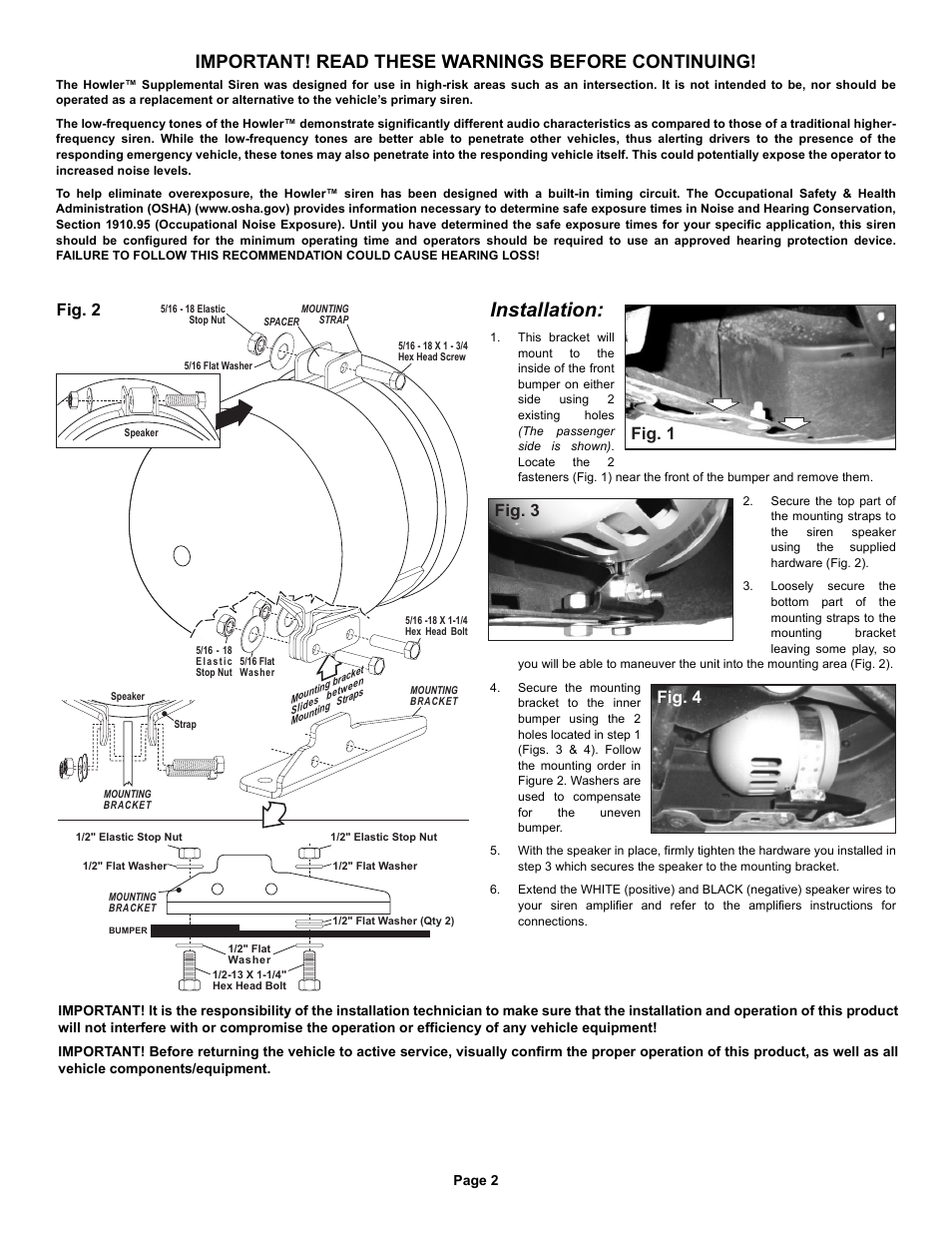 Installation, Important! read these warnings before continuing, Fig. 4 | Fig. 3 fig. 1 fig. 2 | Whelen HWLRB11 User Manual | Page 2 / 2