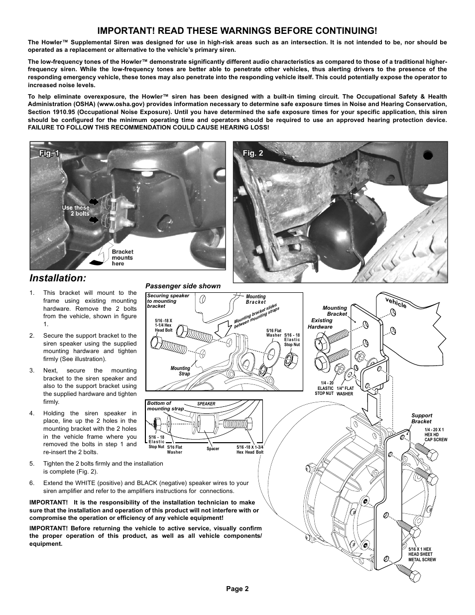 Installation, Important! read these warnings before continuing, Page 2 | Passenger side shown | Whelen HWLRB12 User Manual | Page 2 / 2