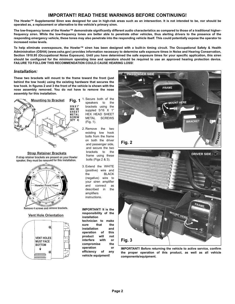 Important! read these warnings before continuing, Installation, Fig. 1 | Whelen HWLRB18 User Manual | Page 2 / 2