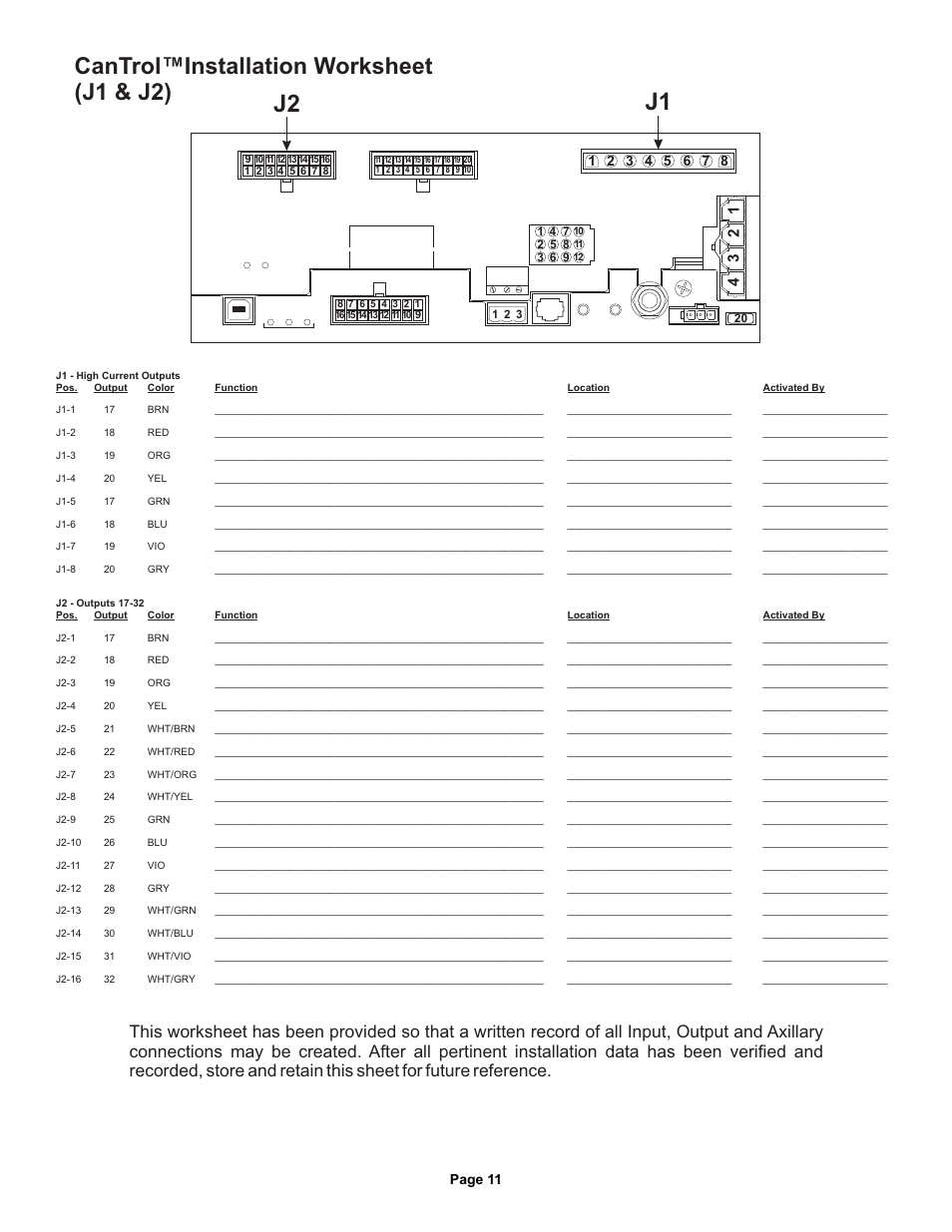 J1 j2, Cantrol™installation worksheet (j1 & j2), Cantrol inst.wrksht j1 | Page 11 | Whelen CANWC1 User Manual | Page 11 / 13