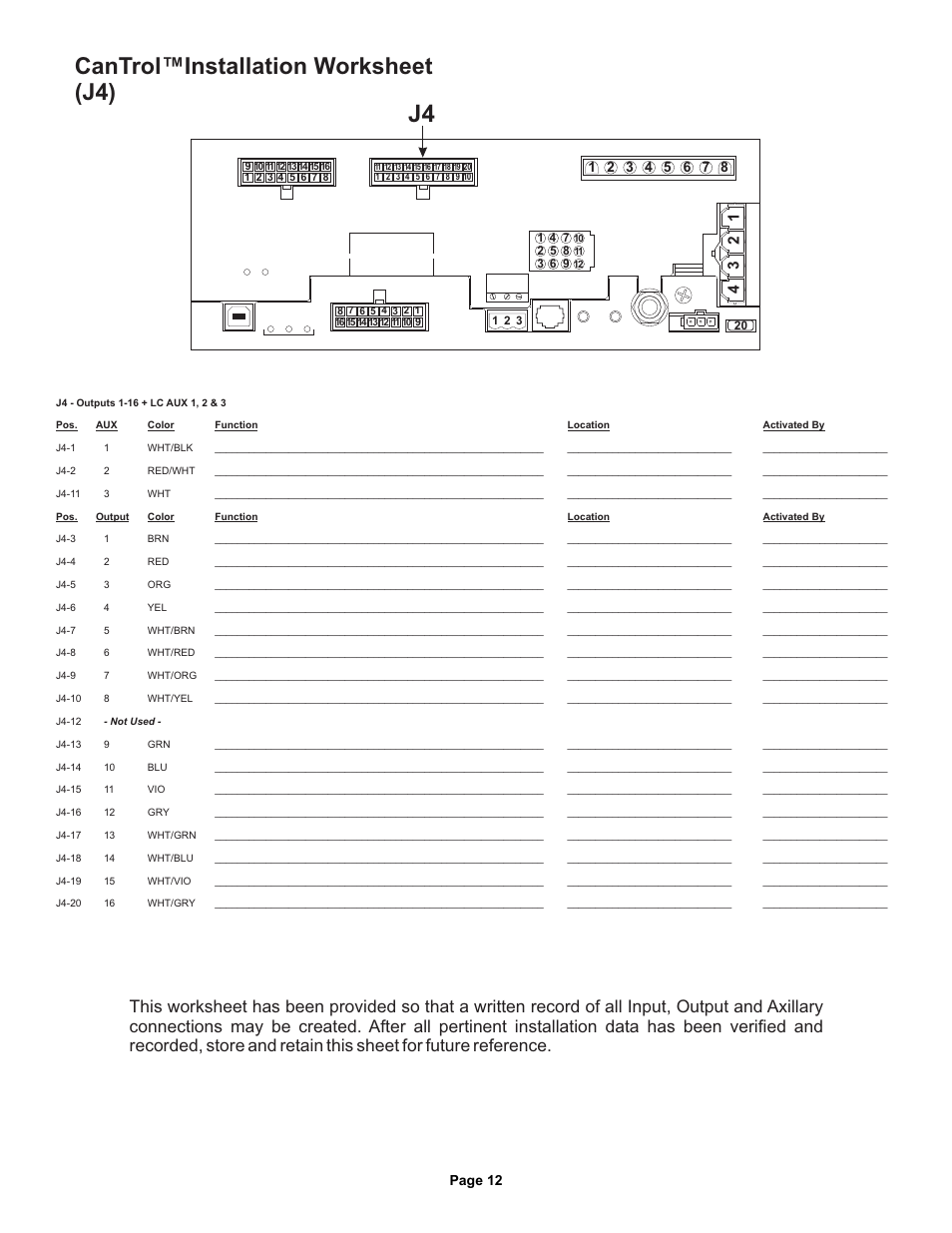 Cantrol™installation worksheet (j4), Cantrol inst.wrksht j4, Page 12 | Whelen CANWC1 User Manual | Page 12 / 13