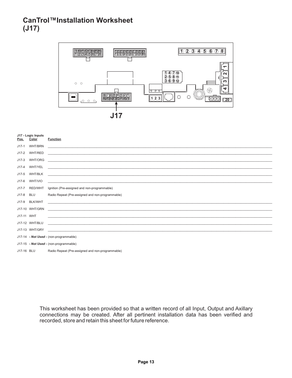 Cantrol™installation worksheet (j17), Cantrol inst.wrksht j17 | Whelen CANWC1 User Manual | Page 13 / 13