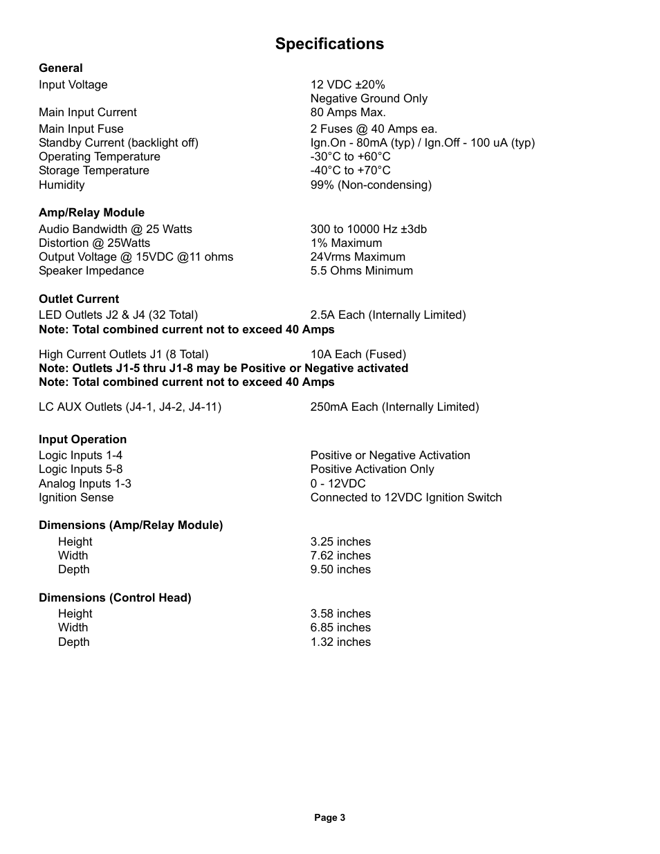 Specifications | Whelen CANWC1 User Manual | Page 3 / 13