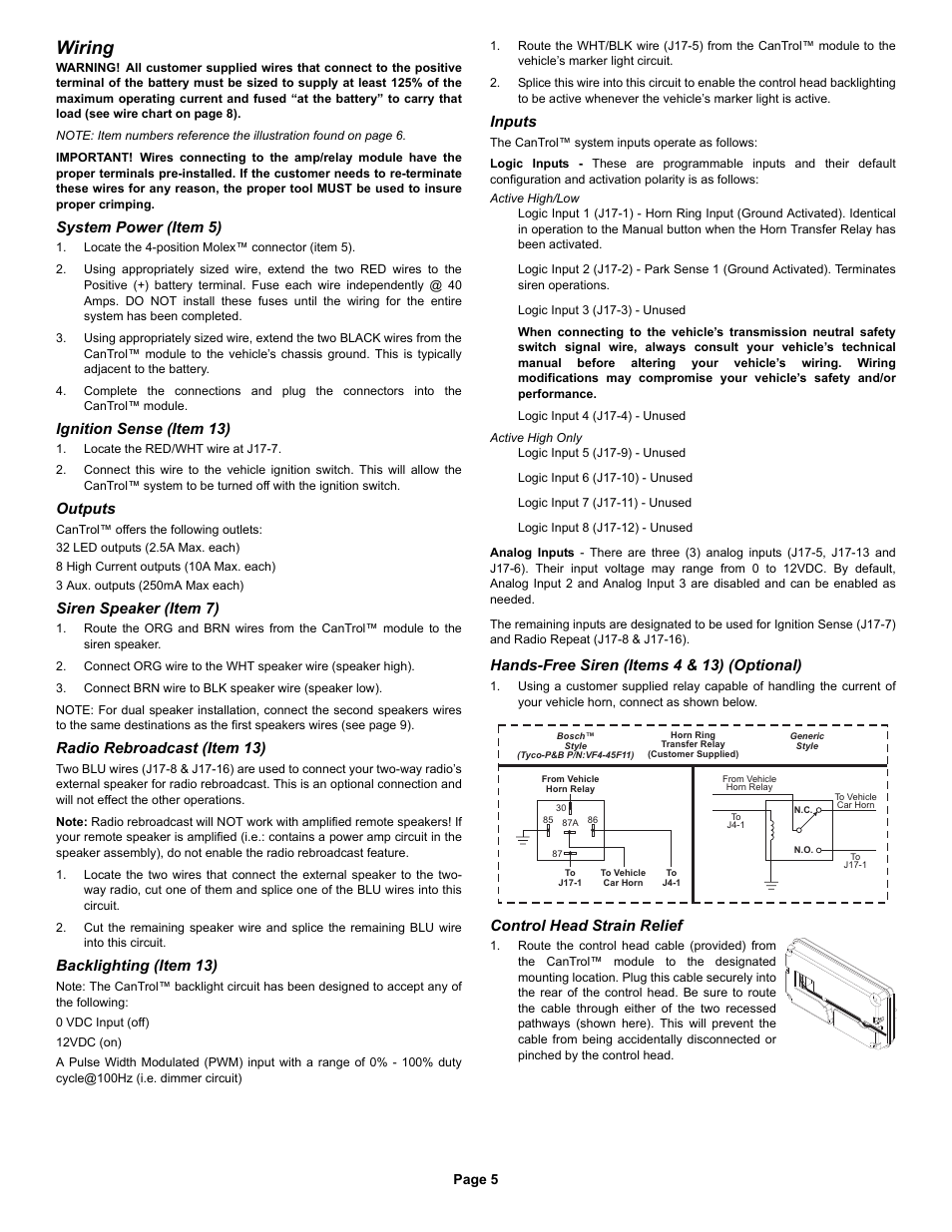 Wiring, System power (item 5), Ignition sense (item 13) | Outputs, Siren speaker (item 7), Radio rebroadcast (item 13), Backlighting (item 13), Inputs, Hands-free siren (items 4 & 13) (optional), Control head strain relief | Whelen CANWC1 User Manual | Page 5 / 13