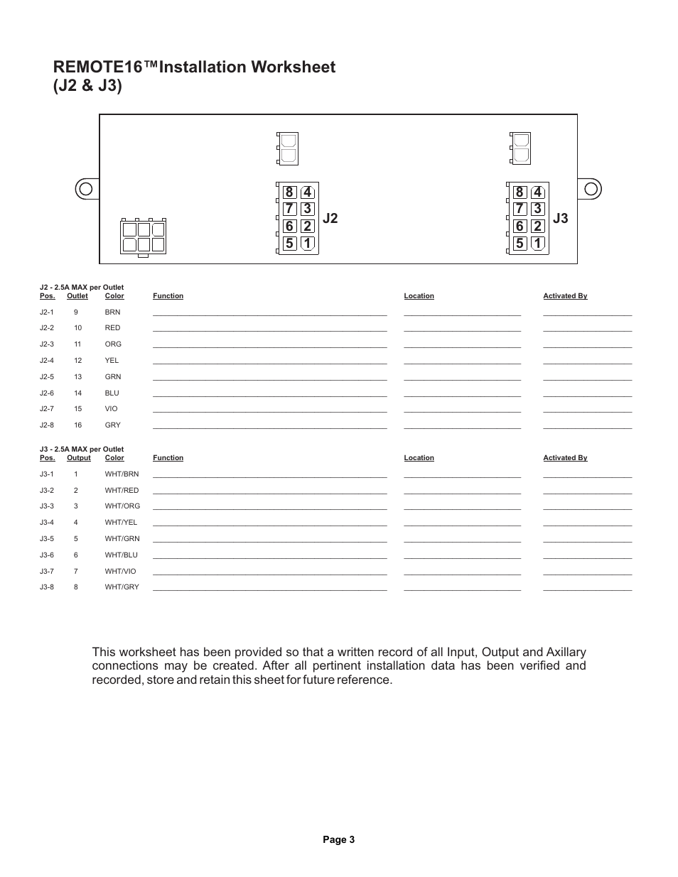 Remote16™installation worksheet (j2 & j3) | Whelen CANEM16 User Manual | Page 3 / 3