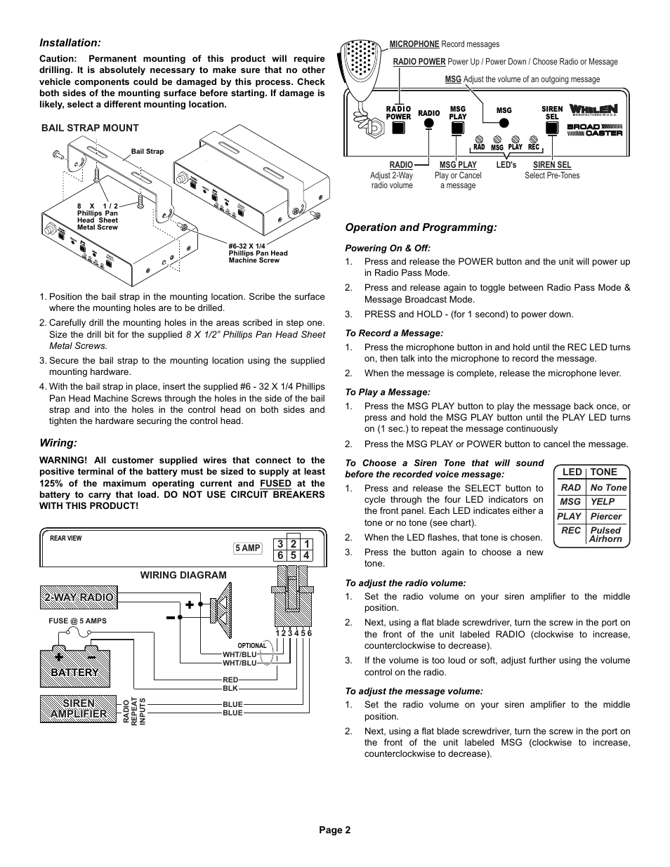 Installation, Wiring, Operation and programming | Whelen BRDCSTR User Manual | Page 2 / 2