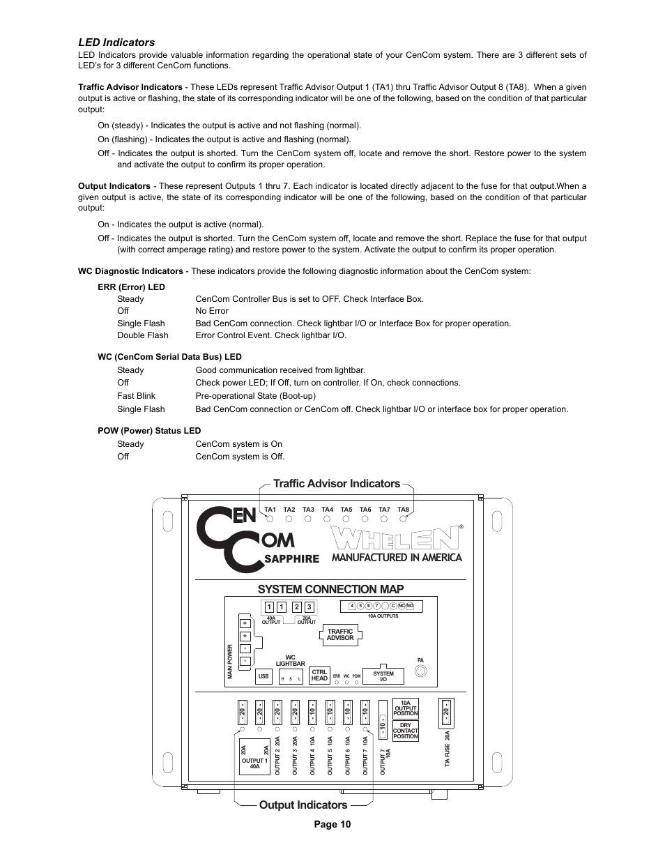 System connection map, Traffic advisor indicators output indicators, Cencom led indicators | Manufactured in america, Sapphire, Led indicators, Page 10 | Whelen CCSRN3 User Manual | Page 10 / 14