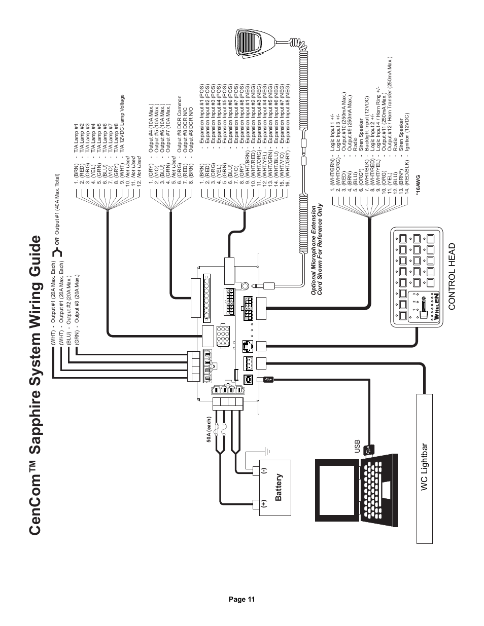 Cencom™ sapphire system w iring guide, Battery, Control head wc lightbar | System wiring guide, Page 11 | Whelen CCSRN3 User Manual | Page 11 / 14