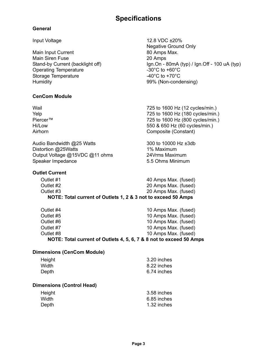 Specifications | Whelen CCSRN3 User Manual | Page 3 / 14