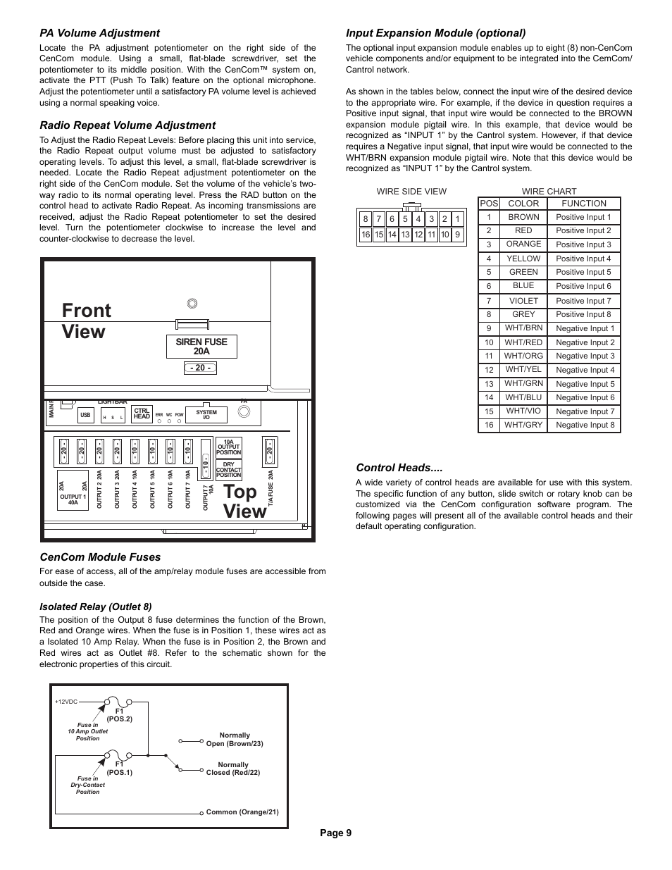 Top view, Front view, Input expansion table pa volume adjustment | Radio repeat volume adjustment, Cencom module fuses, Input expansion module (optional), Control heads, Page 9, Isolated relay (outlet 8) | Whelen CCSRN3 User Manual | Page 9 / 14