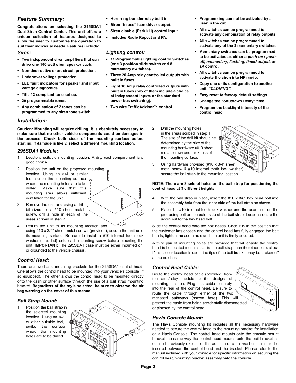 Feature summary, Installation | Whelen 295SDA1 User Manual | Page 2 / 10