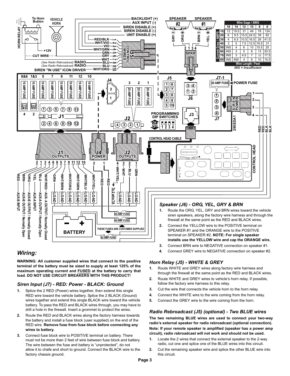 Wiring, Battery, Siren input (j7) - red: power - black: ground | Speaker (j6) - org, yel, gry & brn, Horn relay (j5) - white & grey, Radio rebroadcast (j5) (optional) - two blue wires | Whelen 295SDA1 User Manual | Page 3 / 10