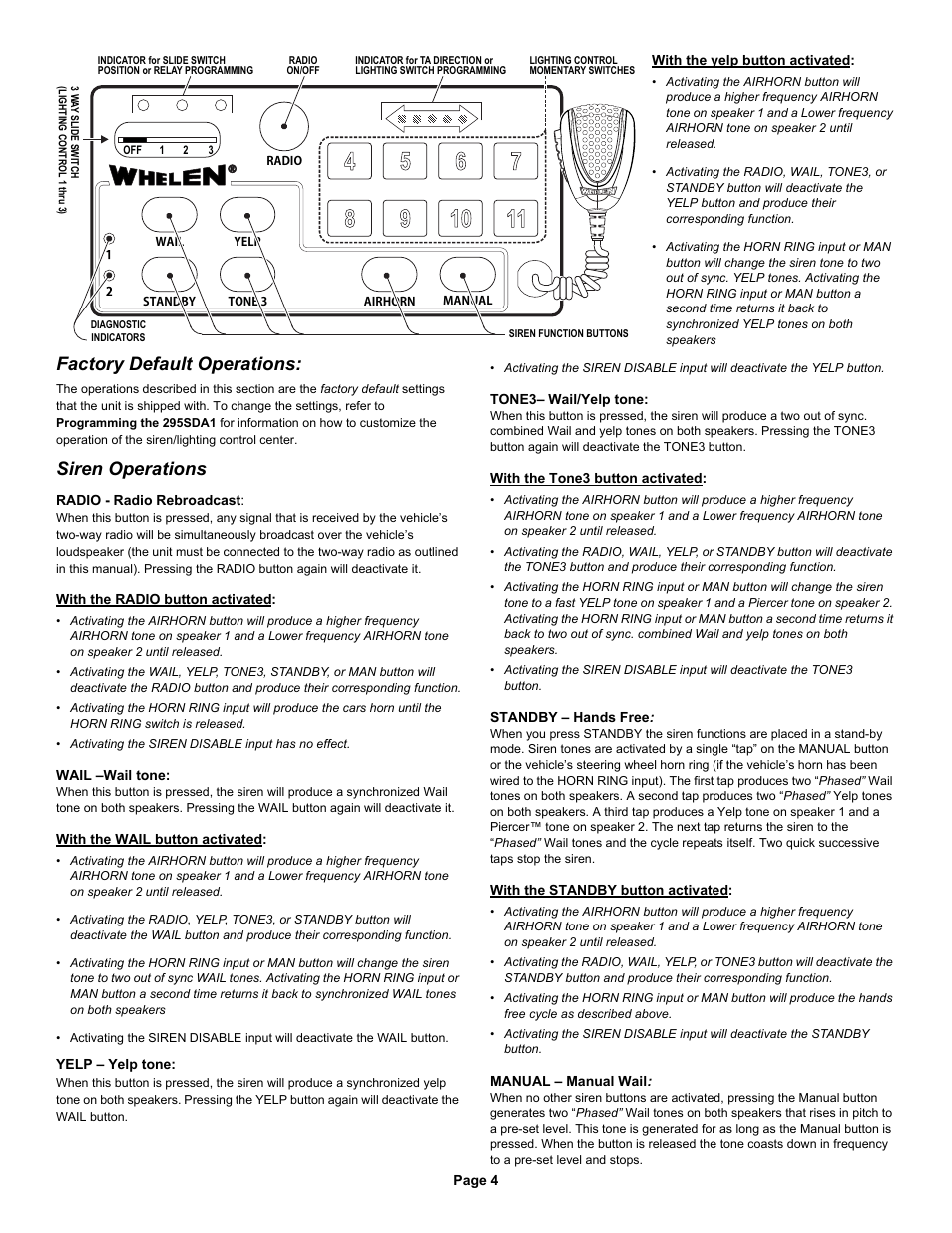 Factory default operations, Siren operations | Whelen 295SDA1 User Manual | Page 4 / 10