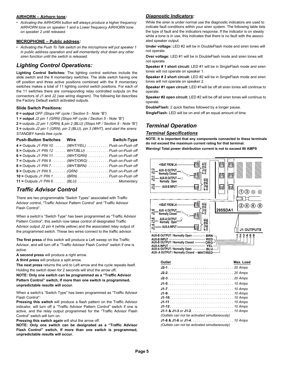 Lighting control operations, Traffic advisor control, Terminal operation | Diagnostic indicators, Terminal specifications | Whelen 295SDA1 User Manual | Page 5 / 10