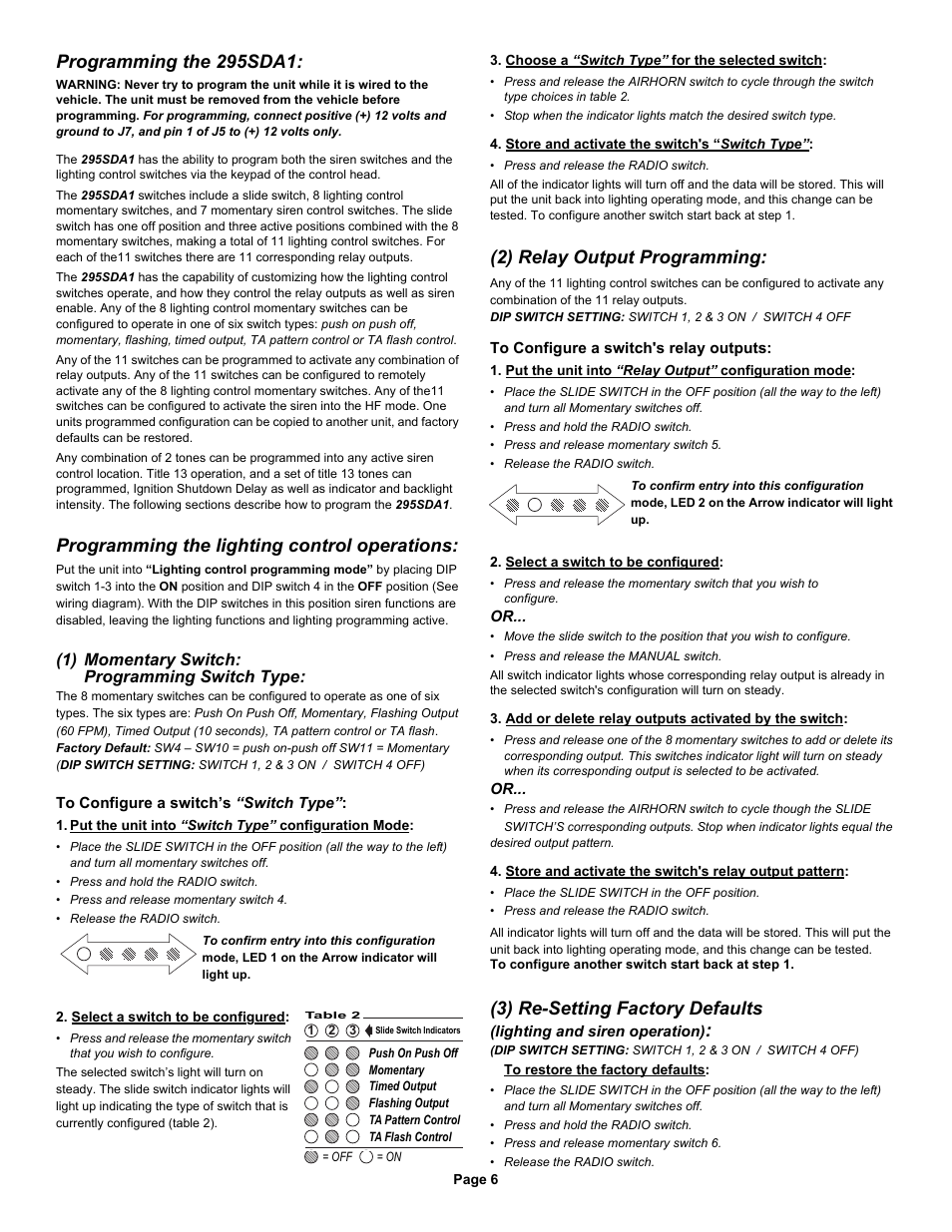 Programming the 295sda1, Programming the lighting control operations, 2) relay output programming | 3) re-setting factory defaults, 1) momentary switch: programming switch type | Whelen 295SDA1 User Manual | Page 6 / 10