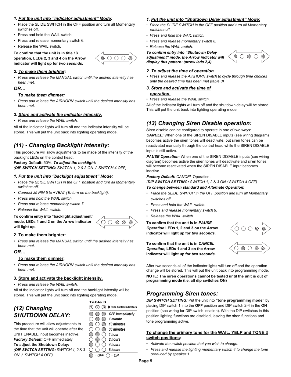 11) - changing backlight intensity, 12) changing shutdown delay, 13) changing siren disable operation | Programming siren tones | Whelen 295SDA1 User Manual | Page 9 / 10