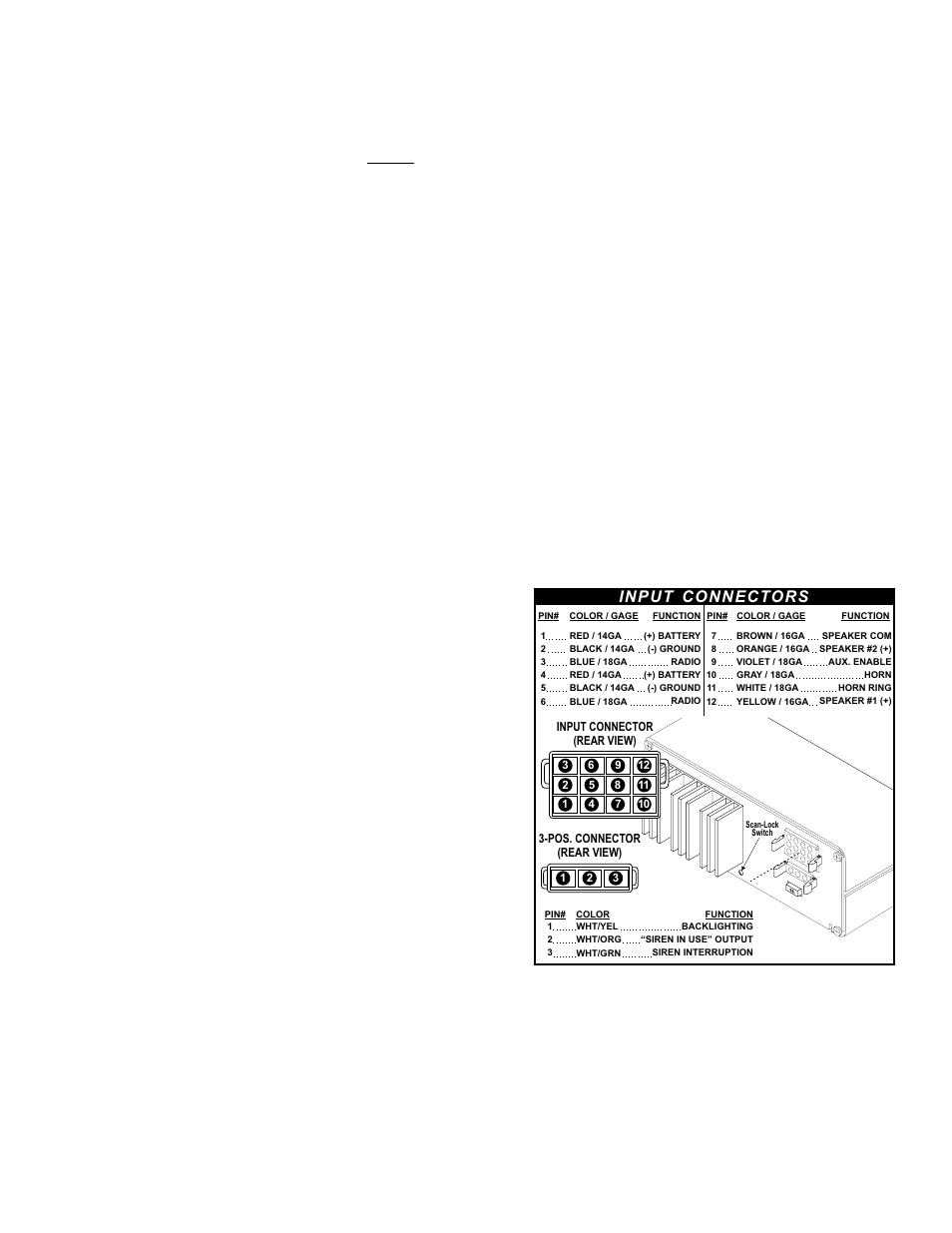 Wiring, Power & ground wires: red: power / black: ground, Speaker wires: orange, yellow & brown | Horn relay wires: white & grey, Radio rebroadcast (optional): 2 blue wires, Input connectors | Whelen 295SLSA1 User Manual | Page 3 / 8