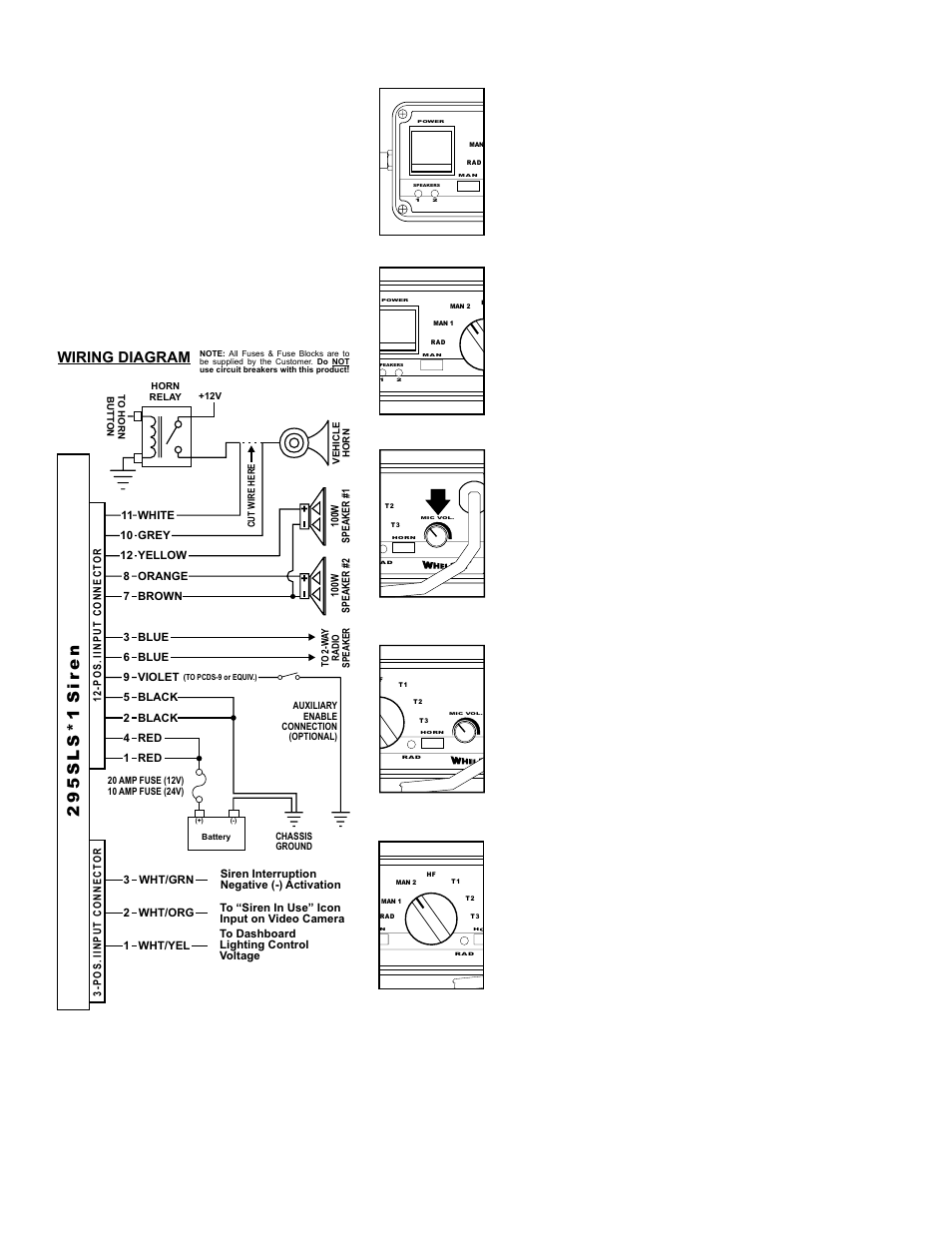 Connecting to a remote control- head: (optional), Operating the controls, 295sls*1 sir e n | Wiring diagram, Power switch, Horn button, Rotary switch, Man button, Pa volume (mic), Page 4 | Whelen 295SLSA1 User Manual | Page 4 / 8