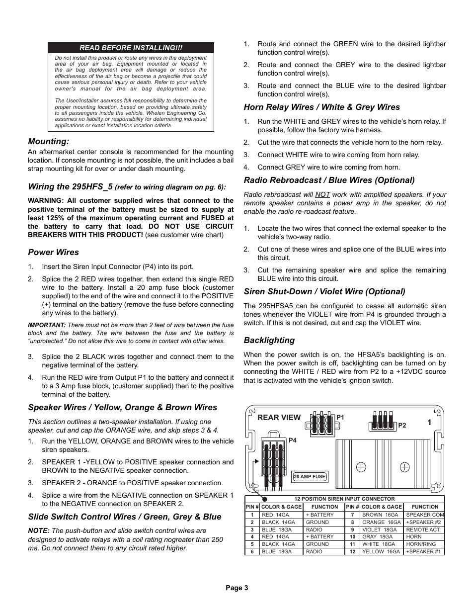 Mounting, Wiring the 295hfs_5, Power wires | Speaker wires / yellow, orange & brown wires, Slide switch control wires / green, grey & blue, Horn relay wires / white & grey wires, Radio rebroadcast / blue wires (optional), Siren shut-down / violet wire (optional), Backlighting | Whelen 295HFSA5 User Manual | Page 3 / 8